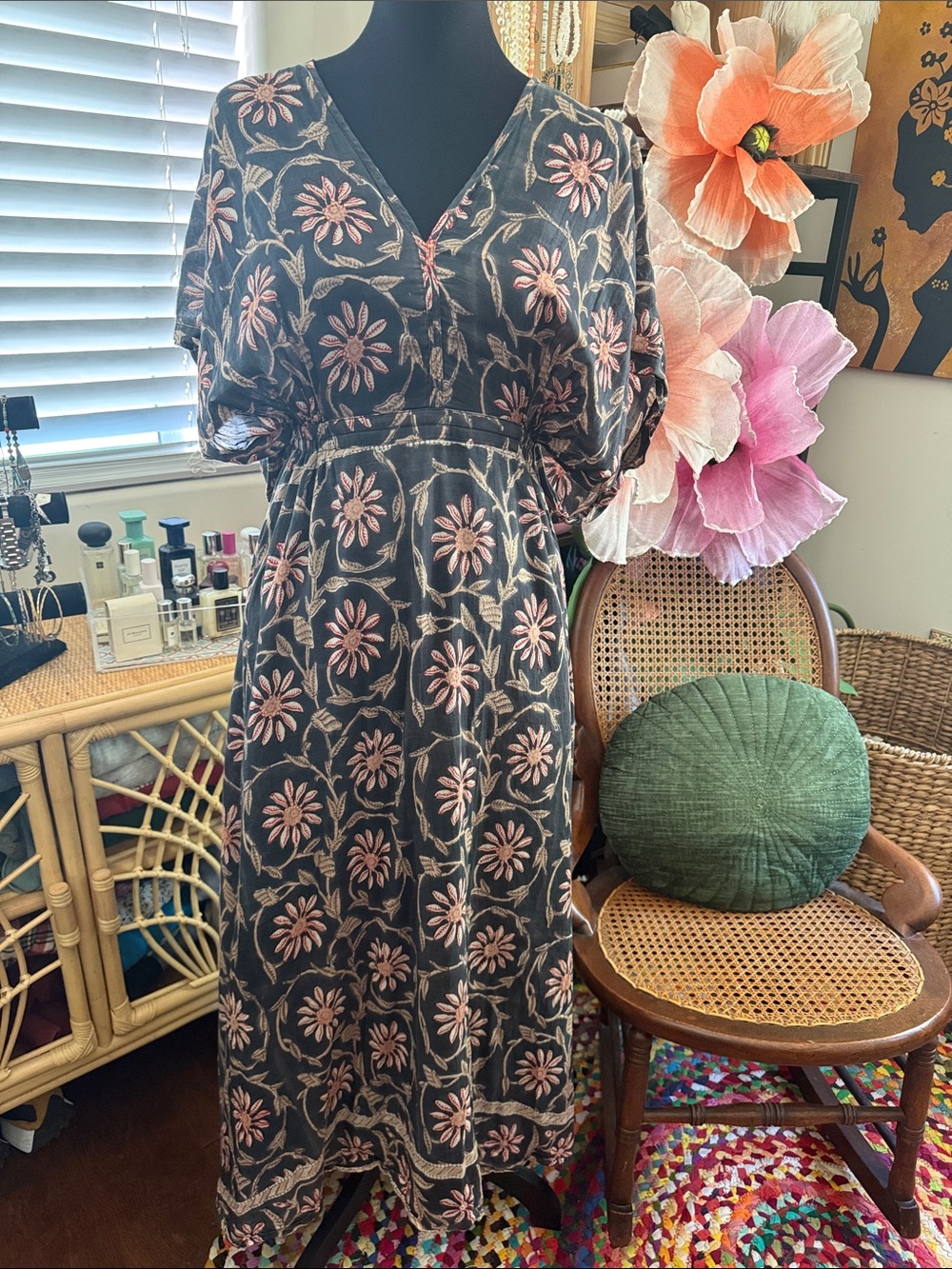 Bell Alicia Bell Dark Floral Silk Open Back Boho Hippie Resort Chic Maxi Dress